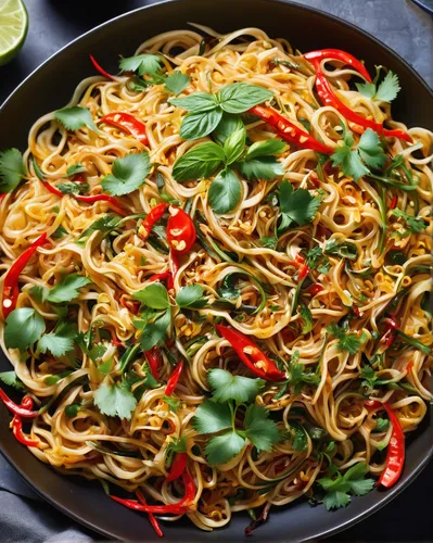 Create a recipe for spicy Thai noodles with a twist.,pad thai,green papaya salad,thai noodles,glass noodle salad,curry chicken noodles,chowmein,fried noodles,singapore-style noodles,chow mein,spaghett