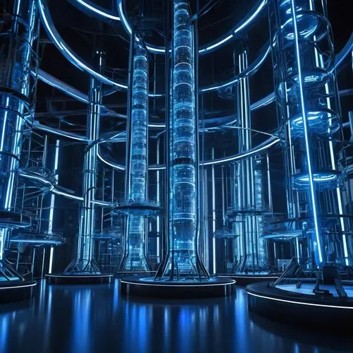 Futuristic network architecture, sci-fi style, metallic structure, glowing blue circuits, intricate wiring, neon lights, complex nodes, cylindrical towers, holographic displays, virtual reality interf