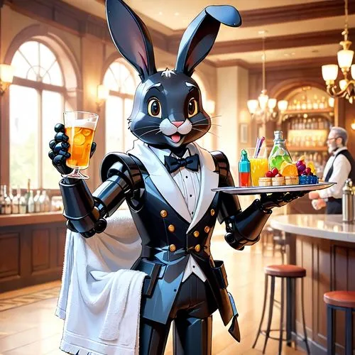 male anthropomorphic black rabbit, black robot rabbit made of black plastic, robot rabbit butler, bowtie, silver platter in hand, white towel in arm, offering drinks, courteous demeanor, plastic exter