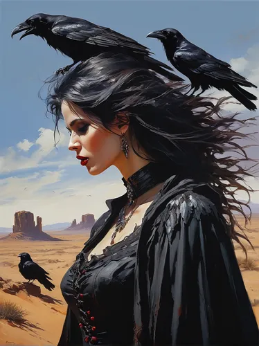 goth westen vampire woman in desert with ravens,corvidae,raven bird,crow queen,black raven,raven girl,black crow,murder of crows,crows,black bird,black feather,raven at arches national park,blackbirds