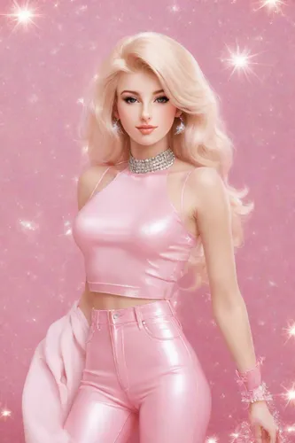 pink-blonde hair, Jem, pink, photorealistic, pop star, feminine, sparkles, lip gloss, 1980s-style,barbie doll,barbie,pink background,pink lady,baby pink,pink diamond,fashion doll,pink beauty,pink larg