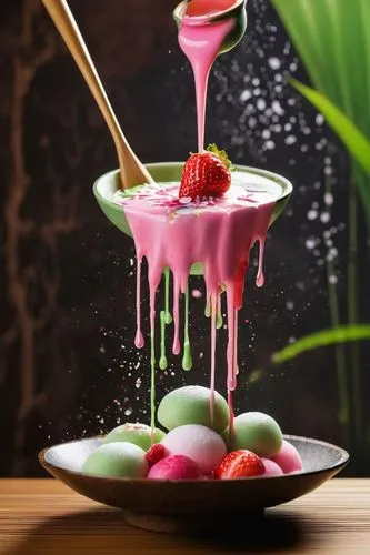 gelatin dessert,tangyuan,colada morada,fruit syrup,pitaya,mitarashi dango,mousse,ais kacang,thai dessert,pannacotta,panna cotta,acai,foamed sugar products,fruitcocktail,food styling,yoghurt production,frozen yogurt,litchi,strawberry dessert,raspberry cocktail,Conceptual Art,Graffiti Art,Graffiti Art 08