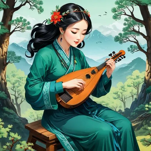 guqin,gayageum,guzheng,woman playing violin,woman playing,yangmei,Illustration,Japanese style,Japanese Style 07