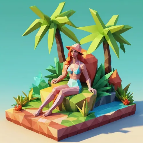 A woman's birthday getaway to a tropical paradise,low poly,low-poly,3d model,candy island girl,3d figure,the beach pearl,3d render,summer icons,mermaid background,summer background,mermaid vectors,tro