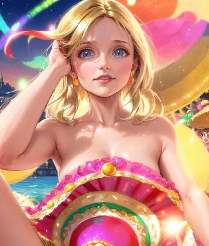 cameron diaz covering her naked body with a giant bedazzlered sombrero. sailormoon artstyle, the thing on her body is not clothes but giant hat,a digital painting of a girl holding a fan in front of t