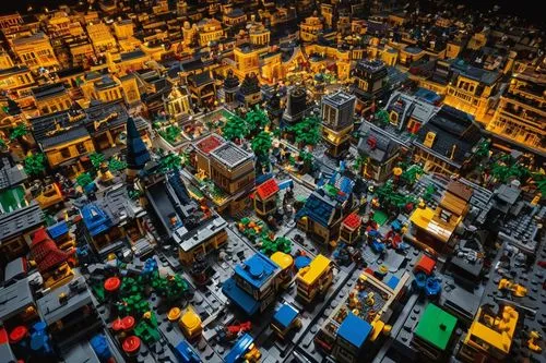 Lego, architecture sets, colorful blocks, intricate details, various shapes, modular design, symmetrical composition, grand scale, majestic, modern cityscape, urban landscape, skyscrapers, villas, res