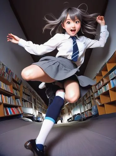 Rocking anime girl, big boom, long-sleeved white shirt, gray span skirt, long socks, formal school shoes, crawling poses, rolling, spinning, cheerful facial expressions, dynamic movement lines, bright