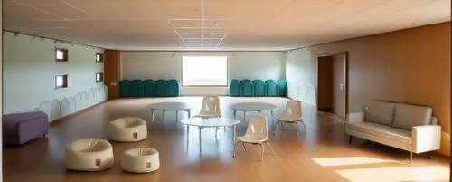 class room for autistic children , ,padding to the wall , modern, neutral lighting,this room has many different seating types on the floor,treatment room,therapy room,examination room,3d rendering,doc