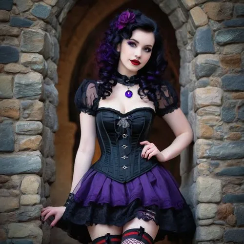 Gothic Lolita, pin-up girl, pale skin, dark eye circles, bold eyeliner, bright red lips, curly black hair with purple highlights, lace choker, tight corset, short plaid skirt, fishnet stockings, black