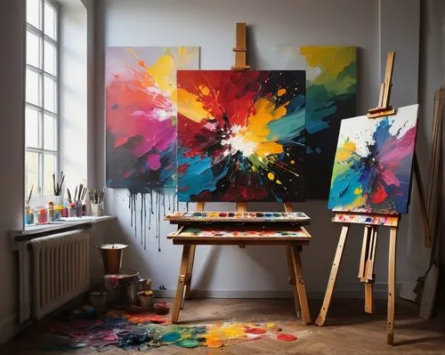 Oil painting generator, abstract artwork, vibrant colors, splattered paint, thick brushstrokes, textured canvas, modern art studio, easel, palette with paints, artistic messy desk, colorful tubes of p