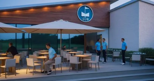 Golf clubhouse on a summer day with some clouds in the sky. Blue club logo over the entrance. Some people sitting on the terrace. ,some people sit at tables outside of a golf clubhouse,outdoor dining,