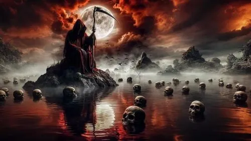 a lake surrounded by rocks and skulls with a full moon in the background,infernal,purgatory,lake of fire,heaven and hell,perdition,tribulation