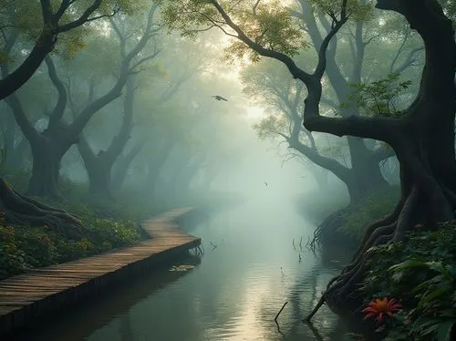 Wetland scenery, misty morning, dense fog, tangled mangrove trees, twisted roots, murky waters, reflection of trees on water surface, subtle ripples, few birds flying overhead, wooden boardwalk, windi