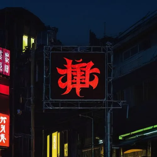 A glowing red sign with the word "DEMON" in capital letters.,a city street with signs in chinese on the side,nakano,ueno,asakusa,kabukicho,ikebukuro,jigoku,Illustration,Japanese style,Japanese Style 0