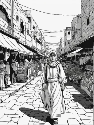 souq,souk,nizwa souq,middle eastern monk,bedouin,genesis land in jerusalem,bethlehem,el jem,medina,damascus,amman,nizwa,al-aqsa,jerash,grand bazaar,the market,ibn tulun,in madaba,jerusalem,marketplace,Illustration,Black and White,Black and White 16