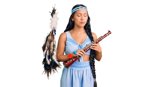 Native American, young woman, traditional clothing, feathered headband, long braided hair, earthy makeup, relaxed posture, holding flute, playing instrument, peaceful expression, natural setting, warm