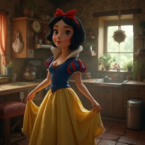 belle,girl in the kitchen,snow white,a girl in a dress,dorthy,disney character