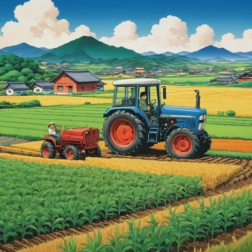 agricultural machinery,farm tractor,yamada's rice fields,agricultural scene,agroindustrial,tractor,farm landscape,farming,farm background,agrobusiness,agriculture,agricultural,agricultural machine,kubota,aggriculture,tractors,agricolas,agroculture,agrochemicals,field cultivation,Illustration,Japanese style,Japanese Style 14