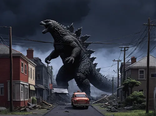 godzilla,saurian,t rex,nature's wrath,extinction,t-rex,tree-rex,jurassic,doomsday,giant lizard,trex,traffic hazard,rex,digital compositing,landmannahellir,outbreak,concept art,tyrannosaurus rex,delivering,sci fiction illustration,Illustration,Realistic Fantasy,Realistic Fantasy 11