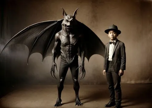 a young indonesian man standing next to a giant bat monster, in the style of contemporary vintage photography, necronomicon illustrations, tabletop photography, 1890, hyperrealistic animal portraits, 