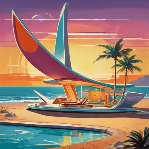 boat landscape,surfboat,sailboat,yacht,edsel bermuda,futuristic landscape,dream beach,sailing-boat,sailing boat,art deco,sailboats,catamaran,sail boat,yachts,phoenix boat,sea fantasy,mid century modern,caravel,beach landscape,south seas,Illustration,Retro,Retro 12