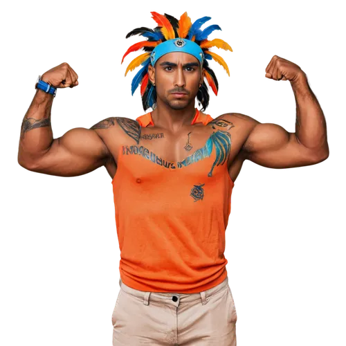 Tribal warrior, muscular man, intense gaze, dark skin, bold eyebrows, nose ring, feathered headdress, colorful tattoos, ripped muscles, fierce expression, crossed arms, standing pose, earthy tones, na