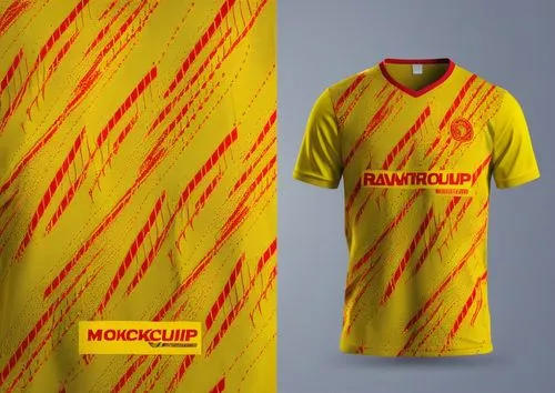 t shirt jersey team mockup yellow and red olor ,a yellow and red soccer jersey design,jagiellonia,nordsjaelland,herediano,monarcas,lucozade,maglia,Photography,General,Realistic