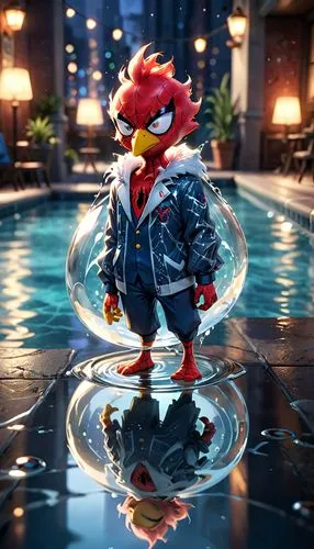 griffon bruxellois,pubg mascot,angry bird,red robin,3d crow,society finch,strawberries falcon,griffin,red bird,3d figure,3d render,stadium falcon,bantam,serious bird,chicken bird,schwimmvogel,phoenix rooster,3d rendered,finch,jumping into the pool,Anime,Anime,Cartoon