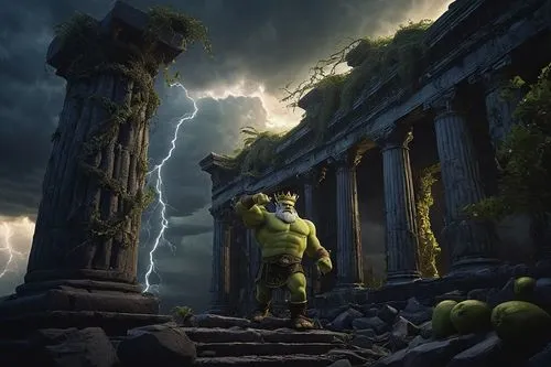 necropolis,artemis temple,valhalla,mausoleum ruins,hulk,avenger hulk hero,digital compositing,druid stone,greyskull,photomanipulation,the ancient world,nature's wrath,ancient city,ruins,zeus,poseidon,photo manipulation,god of thunder,orc,ancient,Illustration,Children,Children 03