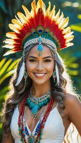 A stunning woman with a radiant smile, wearing a vibrant and ornate headdress with a variety of colors including white, blue, red, brown, green, and peacock feathers. The headdress features intricate 