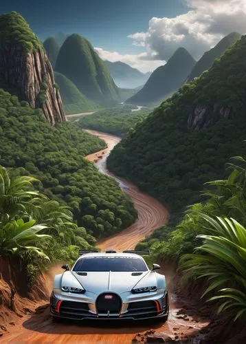 bugatti chiron,car wallpapers,alpine drive,mountain road,mountain highway,3d car wallpaper,hillclimb,aventador,gulf,landscape background,hillclimbing,longtail,bugatti,granturismo,steep mountain pass,mountain scene,safari,desert run,mountain slope,mountain pass,Illustration,Realistic Fantasy,Realistic Fantasy 18