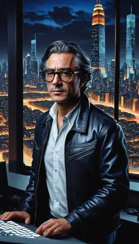 Middle-aged male designer, 3D architectural modeler, bespectacled, short hair, casual wear, black leather jacket, white shirt, dark blue jeans, sneakers, standing, working, in front of a large desktop