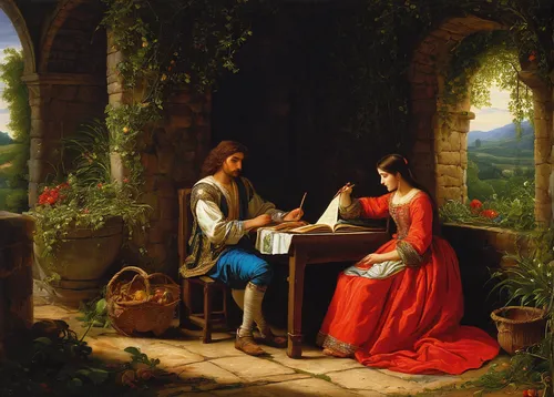 serenade,young couple,romantic scene,courtship,musicians,idyll,the flute,romantic portrait,piano player,piano lesson,concerto for piano,singers,woman playing,love letter,woman playing violin,the annunciation,children studying,girl in the garden,violinists,violin player,Art,Classical Oil Painting,Classical Oil Painting 16