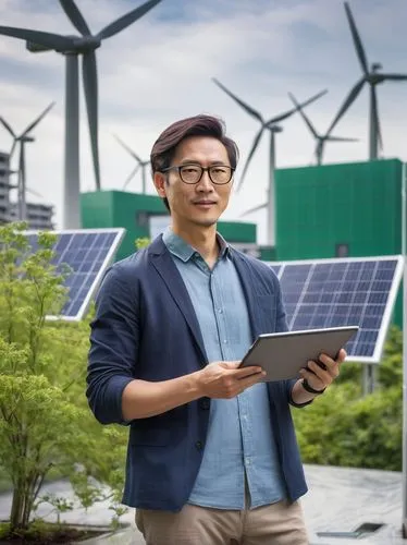 Modern sustainable architect, male, 30s, standing, wearing glasses, short hair, casual wear, holding a tablet, gesturing, in front of a green building, cityscape, trees, solar panels, wind turbines, g