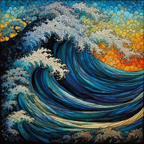 fractal image of japanese waves, deciduous, pointillism, impressionism, mosaic, STAINED GLASS Boris Vallejo, TIM HOLTZ,ocean waves,japanese waves,tidal wave,tsunami,waves,water waves,japanese wave,big