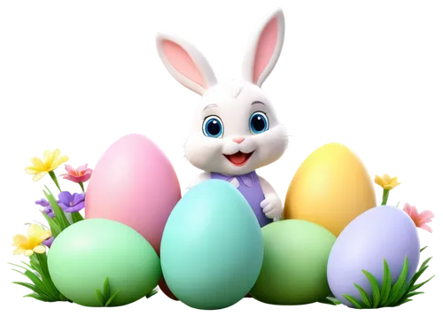 Easter theme, digital screensaver, 3D cartoon style, pastel colors, eggs, bunnies, flowers, soft focus, warm lighting, gentle animation, transparent background, HD resolution, festive atmosphere.,a ra