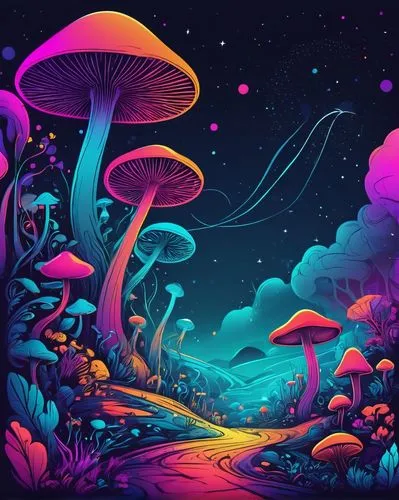 Psychedelic art, vibrant neon colors, dreamy atmosphere, surreal landscape, glowing mushrooms, swirling clouds, stars twinkling, cosmic background, abstract shapes, melting objects, distorted proporti