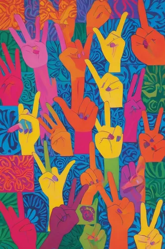 Show me different ways to express the peace hand sign in different moods.,peace symbols,keith haring,raised hands,musician hands,children's hands,hand gestures,hands up,hand gesture,hand sign,praying 