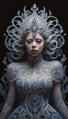 the snow queen,ice queen,white rose snow queen,filigree,suit of the snow maiden,the enchantress,priestess,hoarfrost,medusa,fractals art,fantasy portrait,blue enchantress,dryad,white lady,eternal snow,