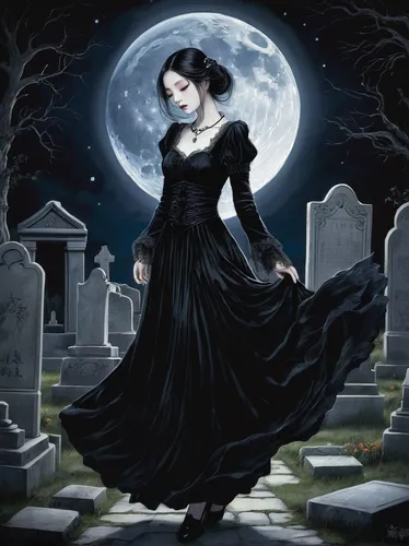 gothic woman,gothic dress,dance of death,dead bride,gothic fashion,goth woman,gothic portrait,gothic style,danse macabre,of mourning,burial ground,angel of death,lady of the night,mourning swan,gothic,memento mori,vampire woman,queen of the night,tombstones,grave stones,Illustration,Japanese style,Japanese Style 18