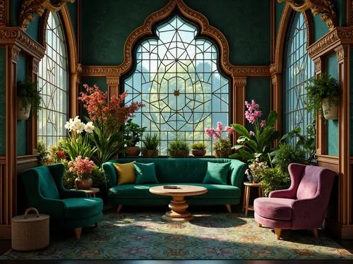 ornate room,victorian room,conservatory,dandelion hall,sitting room,floral corner,persian norooz,interior decor,art nouveau frames,floral chair,interiors,alcove,houseplants,living room,lobby,sunroom,livingroom,interior design,showhouse,bay window