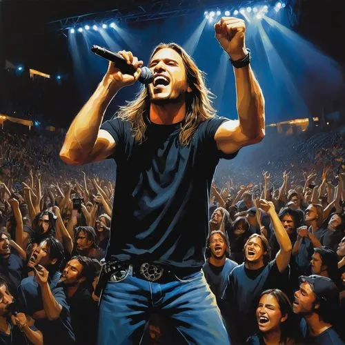 "Generate a dynamic image of a young man with long brown hair and piercing blue eyes, clad in a heavy metal-style black t-shirt and ragged jeans. Place him in the midst of a Metallica concert crowd, r