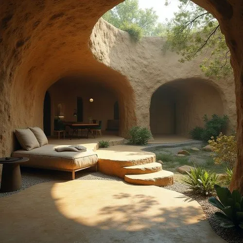 superadobe,dunes house,earthship,vaulted cellar,arches,patio,patios,alcove,fireplace,clay house,stone oven,cave church,amanresorts,3d render,vaulted ceiling,3d rendering,guastavino,courtyard,hacienda,inside courtyard,Photography,General,Realistic