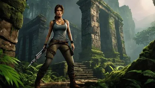 lara,croft,huntress,background ivy,female warrior,action-adventure game,game art,digital compositing,fable,swordswoman,massively multiplayer online role-playing game,game illustration,quiet,cartoon video game background,adventure game,heroic fantasy,ravine,the wanderer,cassia,background image,Illustration,Realistic Fantasy,Realistic Fantasy 05