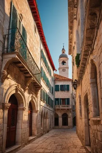 Croatian Renaissance-style building, grand facade, ornate decorations, Baroque elements, red-tiled roof, white stone walls, arched windows, intricate carvings, Gothic spires, vibrant colorful shutters