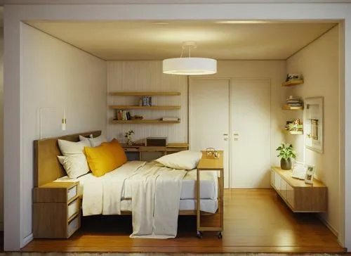 renderizar de acuerdo al modelo y color de la imagen  una puerta cerrada ,,a bed room with a neatly made bed next to a dresser,shared apartment,modern room,walk-in closet,roominess,hallway space,bedro