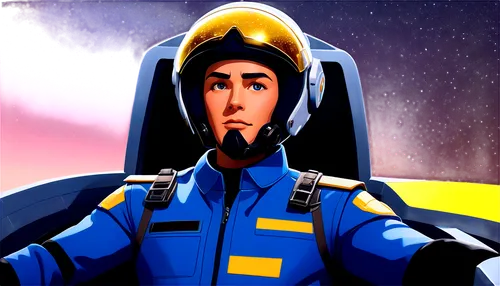 Futuristic spaceship, cockpit view, pilot in control, helmet with gold visor, blue jumpsuit, utility belt, futuristic console, holographic display, stars passing by, fast motion blur, shallow depth of