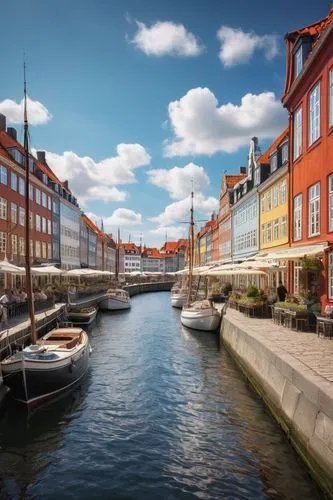 Traditional Danish architecture, Nordic style, red-tiled roof, white-washed walls, wooden windows, ornate doorways, canal-side location, Copenhagen, Nyhavn harbor, sunny day, clear blue sky, few puffy