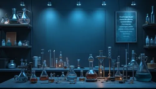 Dark Prussian blue, laboratory background, modern equipment, beakers, test tubes, innovative machinery, metallic sheen, glossy finish, sci-fi ambiance, futuristic atmosphere, softbox lighting, high-ke