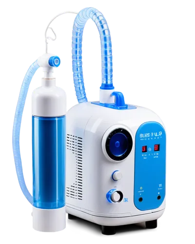 Medical device, nebulizer machine, white and blue body, cylindrical shape, mist output tube, mask attachment, electric cord, switch button, LED indicator lights, metal stand, rounded edges, smooth sur